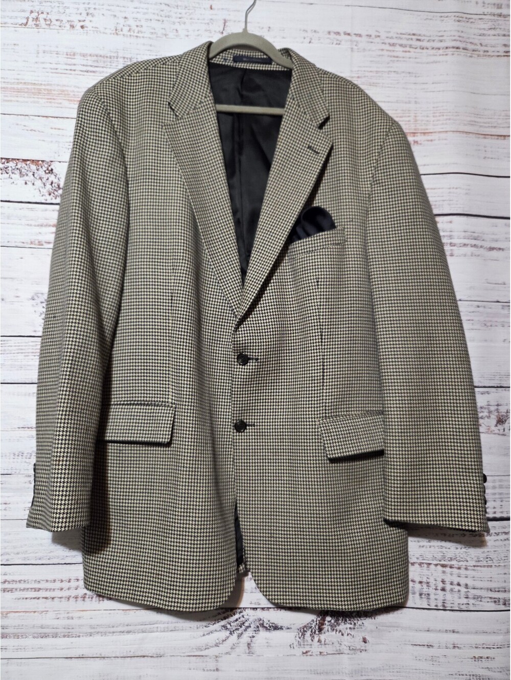 Chaps by Ralph Lauren Suit Jacket Size 48T Beige Black Houndstooth Wool Blazer